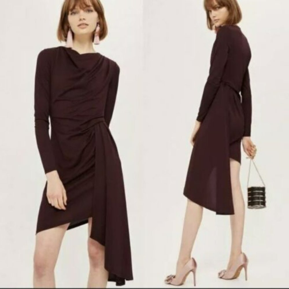 NWOT TOPSHOP DARK PLUM DRAPE FRONT ASYMMETRICAL CREPE DRESS SIZE 10
